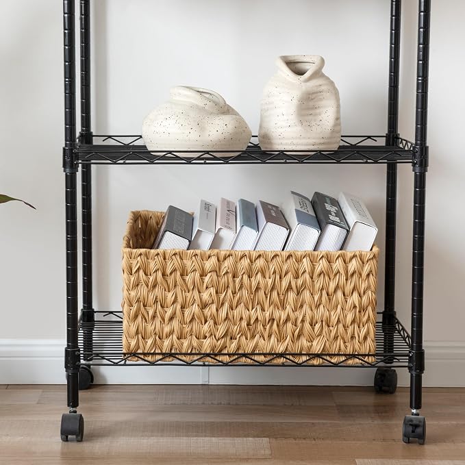 JS HANGER Large Woven Rattan Storage Basket with Handle for Organizing Waterproof Plastic Wicker Basket for Bathroom, Living Room 16.53’’ x 12.8’’ x 7.5’’ Natural