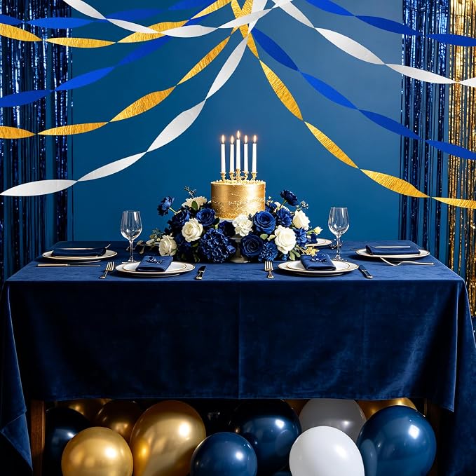 AOYOO Crepe Paper Streamers, 6 Rolls Dark Blue White and Gold Party Streamers, Premium Navy Blue and Gold Party Decorations for Graduation, Boy Baby Shower, Birthday and Retirement Supplies