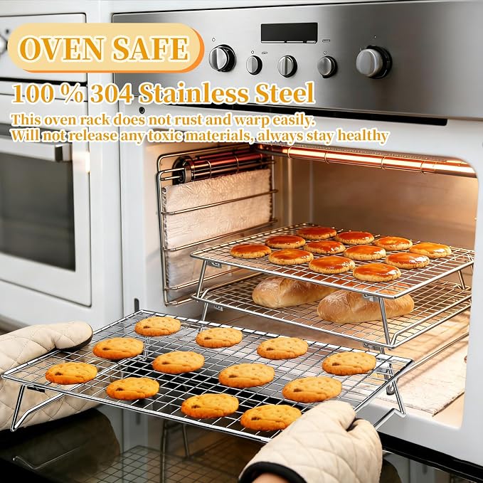 3-Tier Cookie Cooling Racks for Cooking & Baking, 304 Stainless Steel 13"x9" Stackable Wire Rack, Oven & Dishwasher Safe, Baking Rack for Oven, with Silicone Tongs