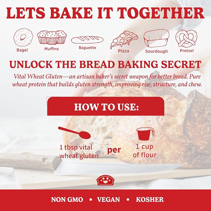 Bakers Club Artisan Vital Wheat Gluten 10oz - Bread Flour Enhancer, High Protein, Seitan Flour, Low Carb, Vegan, Non GMO Gluten Powder - Made in USA