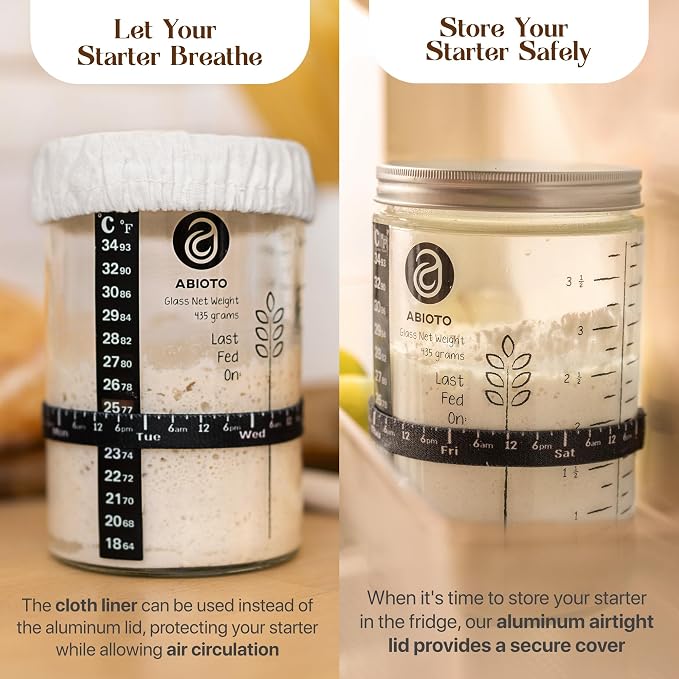 ABIOTO Sourdough Bread Baking Supplies and Starter Kit - Ultimate Bread Making and Sourdough Starter Kit with Proofing Baskets, 34oz Sourdough Jar, Bread Lame, Scrapers & Danish Whisk
