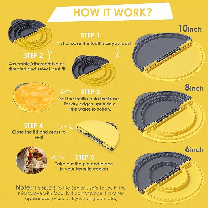 3-in-1 Tortilla Sealer, Tortilla Crimper Includes Free Rolling Pin – Adjustable and Removable 6, 8 & 10 Inch Plates for Burritos, Tacos, Quesadillas, Dumplings & Sandwiches – Yellow & Black