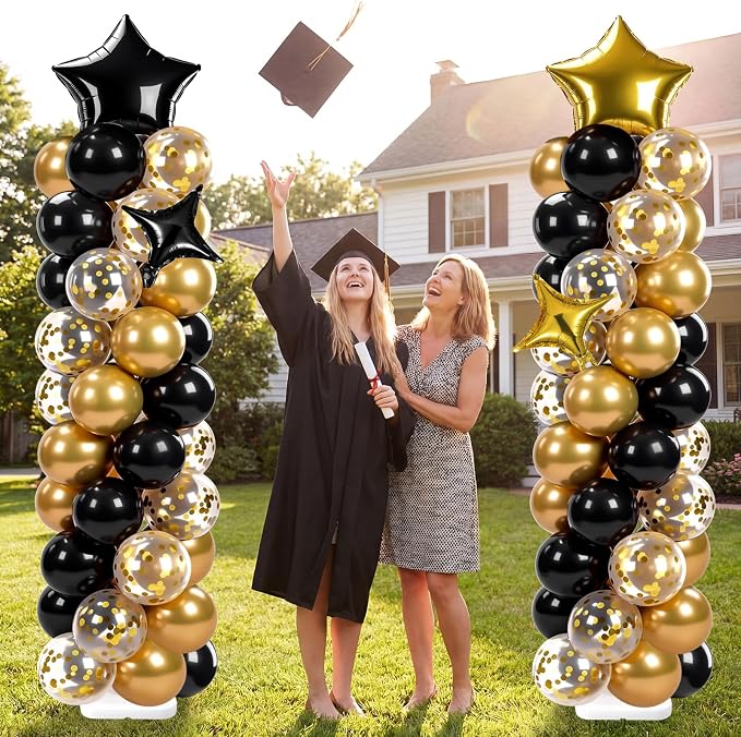 Skylety 2 Sets Black and Gold Balloon Column Stand Kit Adjustable Black Gold Balloon Stand with Bases for Birthday Wedding Anniversary Graduation Party Baby Shower Decorations Supplies