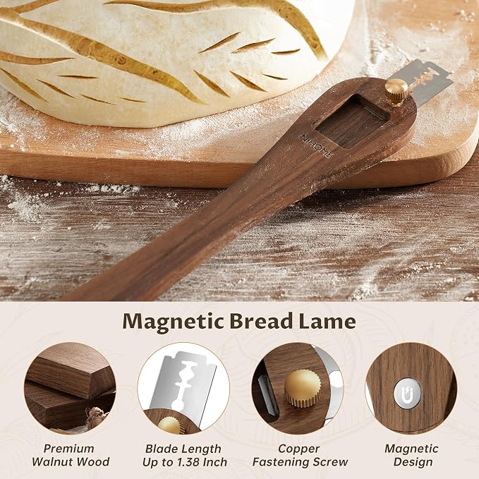 NiHome Bread Lame with Long Walnut Wood Handle for Scoring Bread and Slicing Dough, Safe Use with Push-Pull Locking Blade and Magnetic Back for Easy Storage, Ergonomic Grip for Precision Cutting