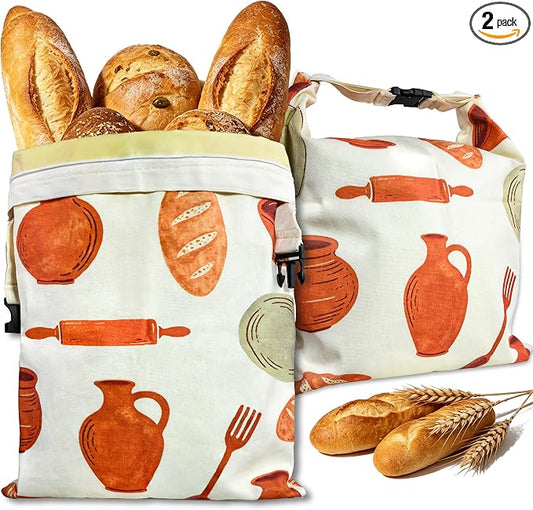 Reusable Cotton Beeswax Bread Bags 2 Pack – Extra Large 13"x17" Zipper & Roll-Buckle Double Seal for Homemade Sourdough, Keep Bread Fresh Longer, Zero Waste Bread Storage for Loaf Baguette (ClayMark)