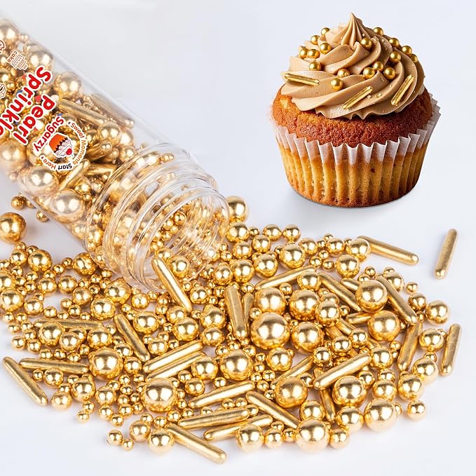 Gold Pearl Sprinkles,Edible Rods Pearl Sugar Candy Mix Size,130g/4.58oz,Baking Edible Cake Decorations,Cupcake Toppers,Cookie Decorating Donuts Ice Cream,Food Grade,Holiday Wedding Birthday Party Supplies