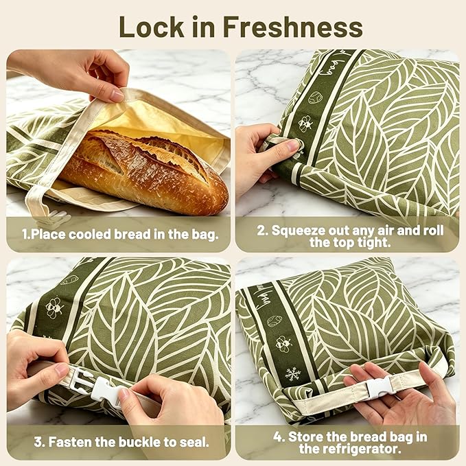 2Pk Reusable Bees Wax Bread Bag - 100% Organic Beeswax Lining & Linen Cotton Outer - XL Foldable Bread Bags for Homemade Bread sourdough, Extra Cleaning Sponge (Antique Foliage & Stripe)
