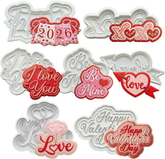 Cookie Cutters Love Set of 7 with Plunger Stamps Detailed Holiday Cake PLA 3.5" Baking Accessories Cutter Molds Gifts to for Party Kitchen Supplies