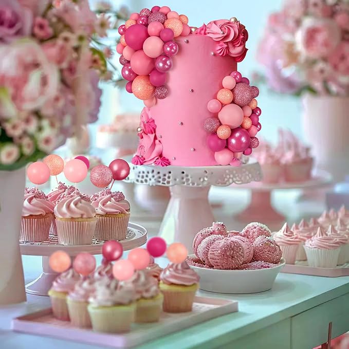 66 PCS Colorful Ball Cake Picks for Cake Decoration Pink Series with 6 Vibrant Colors Pearl Ball Shaped Cupcake Toppers for Birthday Party and Wedding Supplies