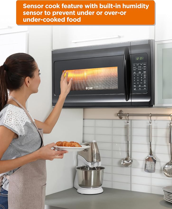 Commercial Chef 1.7 Cu. Ft. Over-The-Range Microwave Oven, 1000 Watt Microwave with 10 Power Levels, 300 CFM Hidden Vent Hood Fan, Touch Controls, LED Display, 10 Preset Options, CHMR17GB, Black