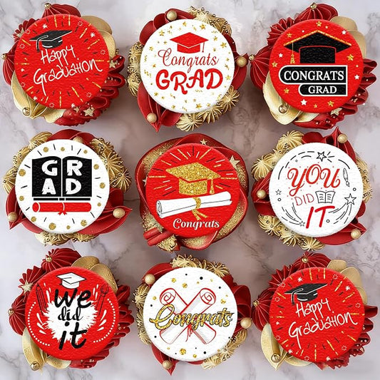 36PCS Edible Graduation Cap Cupcake Toppers Wafer Paper Grad Cap Diploma Cake Decorations Edible Grad Cap Cupcake Picks for 2026 Grad Theme Party Cake Decor Supplies (Red)
