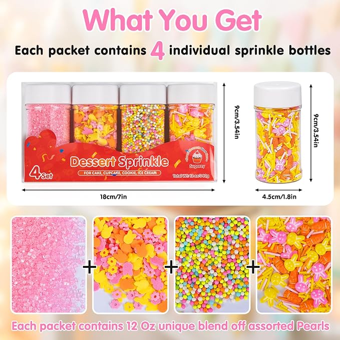 Edible Sprinkles 4-Pack Set,Edible Orange Sprinkles for Cake Decorating,Pink Orange and Yellow,Confetti Jimmies and Pink Sanding Sugar,Petal Rabbit Confetti,Carrot Sprinkle,Nonpareils,Pastel Cake Decorations for Baking,Desserts,Cupcakes,Ice Cream,Cooki...
