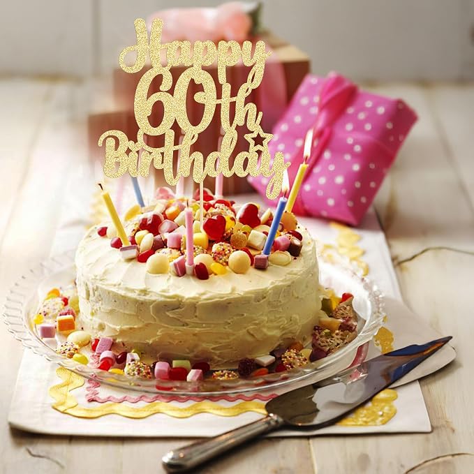 Gyufise 1Pc Happy 60th Birthday Cake Topper Glitter 60 & Cheers to 60 Years Old 60th Birthday Cake Pick for Celebrating 60th Birthday Anniversary Party Cake Decorations Supplies Gold
