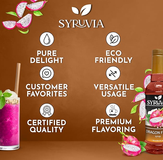 Syruvia Dragon Fruit Syrup, Flavored Syrup for Drinks, Lemonades, Iced Teas, and Desserts – 25.4 fl oz - with Pump