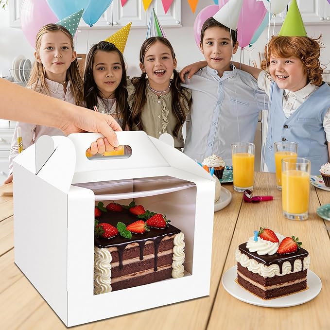 10 Pcs Cake Boxes 10 Inch with Handle, 10x10x8 Inches Tall Cake Box with Window for Tier Cakes, Bakery Take Out Container Cake Carrier, White Large Bakery Boxes for Baking Wedding, Birthday, Party