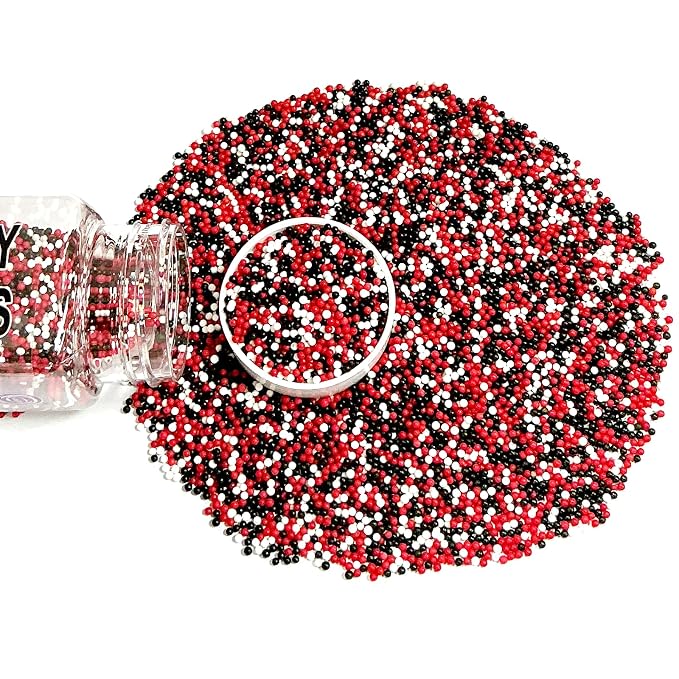 Homipooty Red White and Black Nonpareils Sprinkles Edible Red and Black Pearl Sugar sprinkles 110g/3.88oz 2mm Mini Pearls for Cake Decorating Cupcake Topper and Cookie Ice Cream Halloween Christmas Supplies