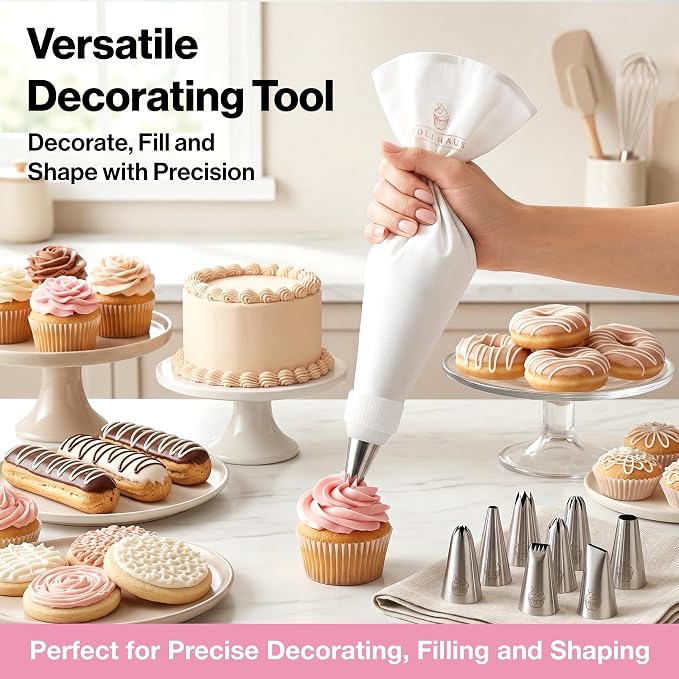 EDELHAUS Piping Bags and Tips Set – Reusable Piping Bags with 12 Piping Tips, Pastry Bags and Tips, Frosting Piping Kit, Cake Decorating Tools, Icing Bags Set with Flower Piping Tips & Couplers