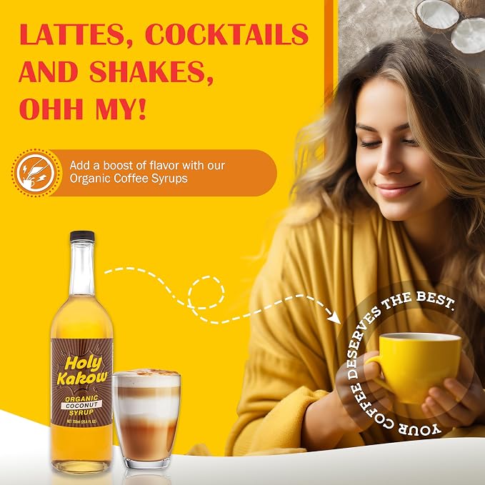 Holy Kakow Cafe Organic Coconut Syrup - Coconut Coffee Syrup, Organic Syrup for Coffee, Latte, Cocktail and Shake, Real Food Ingredients - 750ml