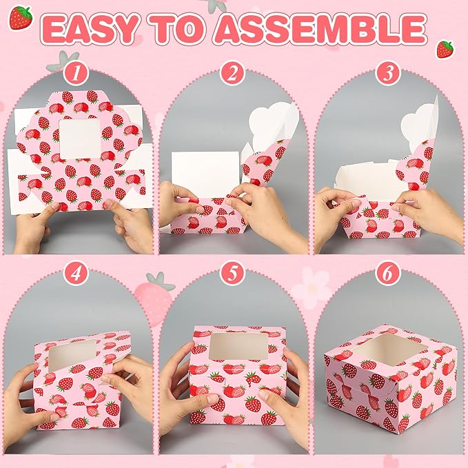 50 Pack Strawberry Cookie Boxes with Window, Berry Sweet Treat Boxes for Berry First Birthday, Strawberry & Summer Party Bakery Favors for Cookies, Macarons & Cupcakes