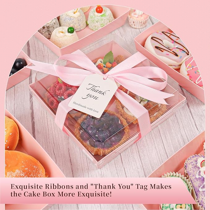 7 x 7 x 2.6 Inches Large Charcuterie Boxes with Clear Lids, 50 Pack Disposable Square Pink Bakery Boxes, To Go Paper Food Container for Cake Slices, Sandwiches, Cookies, Dessert