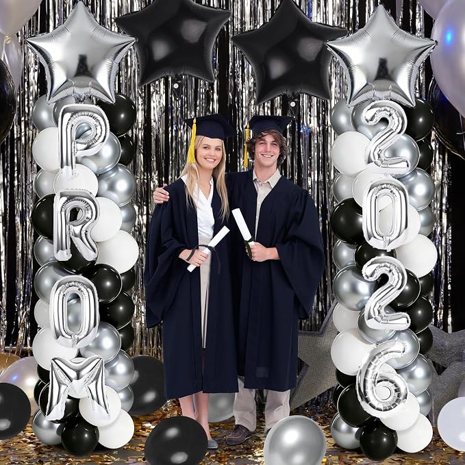 2 Sets Graduation Balloon Column Stand Kits with 132 PCS Silver Black White Latex Balloons 2026 Letters 6.5 Ft Adjustable Metal Tube Telescopic Tower Pillar with Base for Graduation Party Decoration
