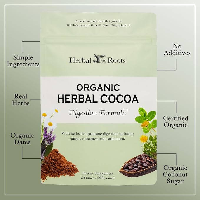 Herbal Roots Organic Digestive Functional Cocoa Beverage Powder - Ginger, Ceylon Cinnamon, Cardamom - Sweetened with Dates and Coconut - 28 Servings