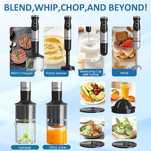 1000W Professional Hand Blender, 12-Speed Heavy Duty Immersion Blender with 10 Attachments, 20OZ Food Chopper, Stainless Steel Whisk, Milk Frother for Home Kitchen Use