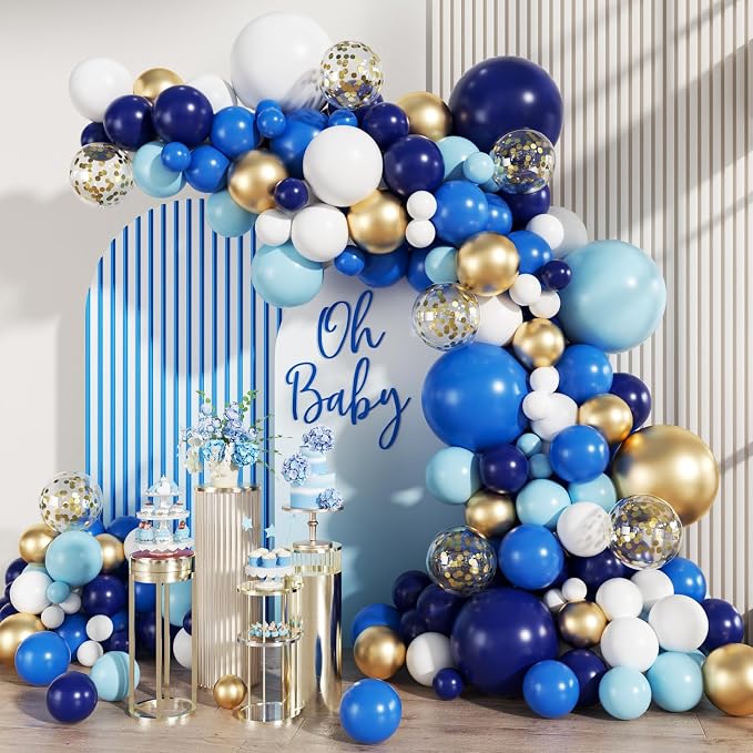 MEBAY Navy Blue White Gold Balloon Garland Arch Kit, 147PCS Royal Dark Pastel Blue White Gold Balloons with Confetti for Birthday Party Baby Shower Wedding Graduation Decorations