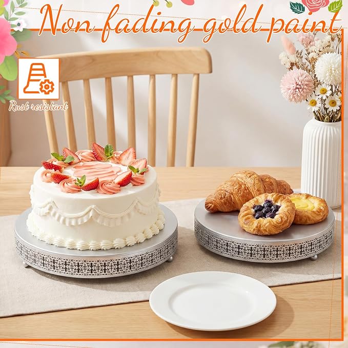 Wenqik 2 Pack Cake Stand Set, 14/16 Inch Metal Round Cupcake Dessert Stand Decorative Elegant Cake Display for Weddings Party Birthday Baby Showers Anniversary(Ornate Floral,Silver)