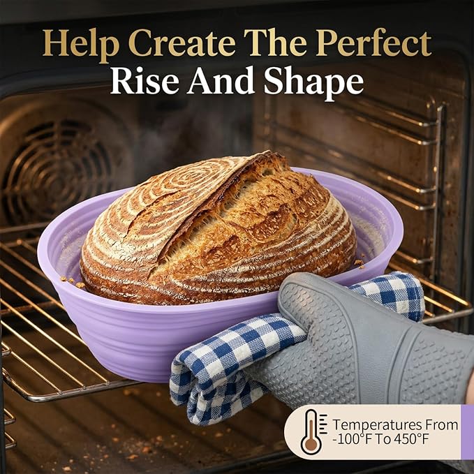MAQUITA 4-Pack Oval Silicone Bread Proofing Basket, 10-Inch Sourdough Proofing Basket Set (Purple)