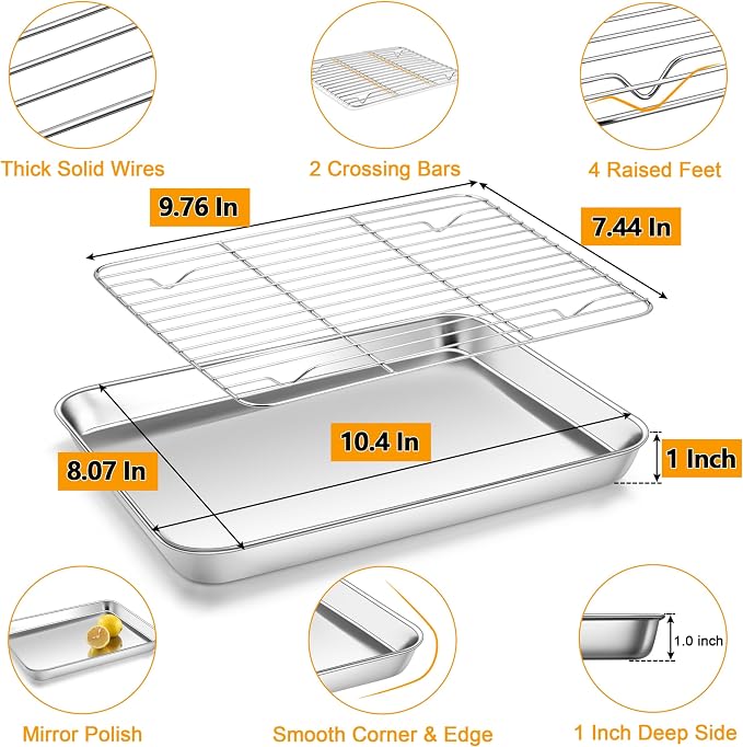 Homikit Baking Sheet with Wire Rack (1 Pan + 1 Rack), 10.4 x 8 Inches Stainless Steel Small Baking Pan with Cooling Rack, Metal Cookie Sheets Bacon Tray for Toaster Oven, Rust Free & Dishwasher Safe