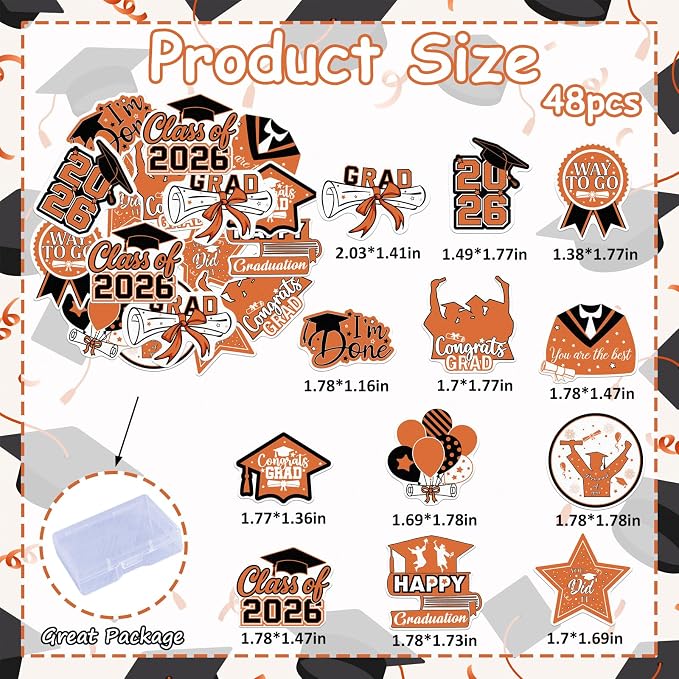 48pcs Edible 2026 Graduation Cupcake Toppers Wafer Paper Orange Class of 2026 Cake Decorations Edible Congrats Grad Cupcake Picks for 2026 Graduation Theme Party Cake Supplies