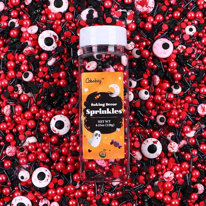 Eyeball Sprinkles for Cake Decorating, Black & Red Pearl Sprinkles with Black Bats & Eyeball Candy, Perfect for Halloween Dessert Party 4.23 Ounce