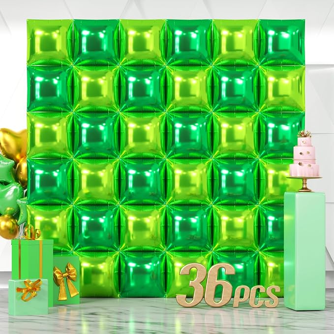 NISOCY 36PCS Dark Green and Light Green Square Foil Balloons Wall Backdrop Double Sided Green Balloons Arch Kit for Birthday Baby Shower St. Patrick's Day Spring Summer Jungle Theme Party Decorations