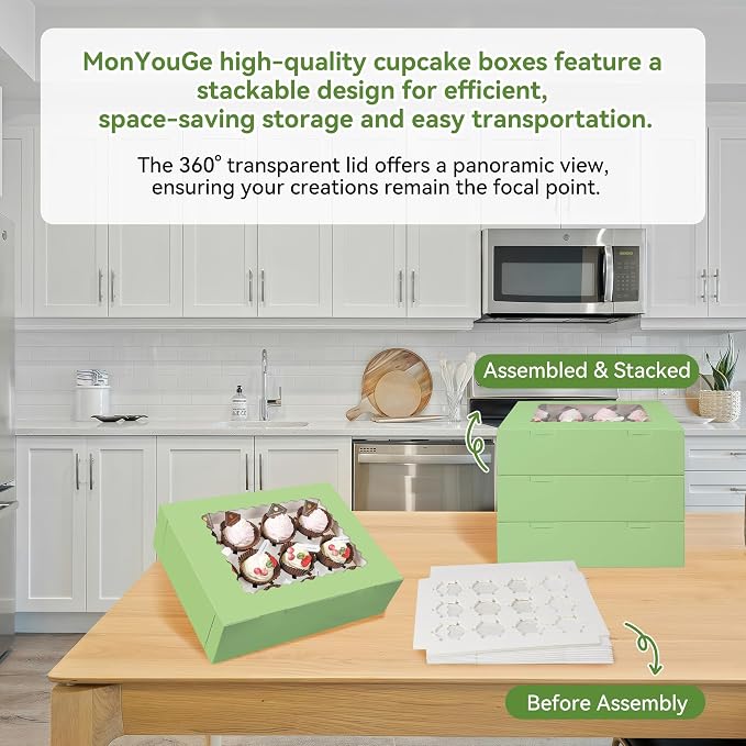 3-Set Cupcake Boxes Bulk with Clear Display Window Hold 12 Standard Cupcakes, Disposable Food Grade Green Cupcake Carrier Cupcake Container, Perfect for Cupcakes Muffins Cookies Pastries