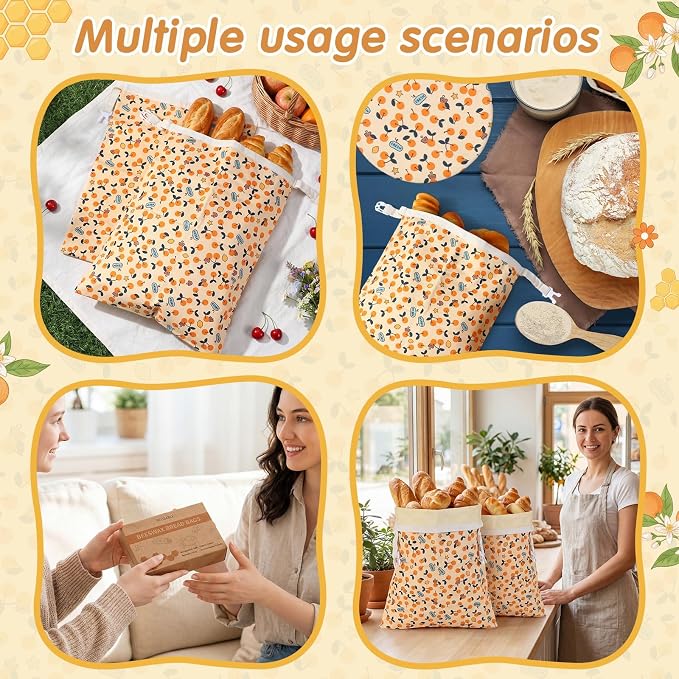 Reusable Beeswax Bread Bags for Homemade Bread Sourdough (2 Pcs 13x17in Bags + 10in Bowl Cover) Floral Cotton 100% Natural Beeswax Coating, Plastic-free Food Storage Wrap(Yellow Cherry)