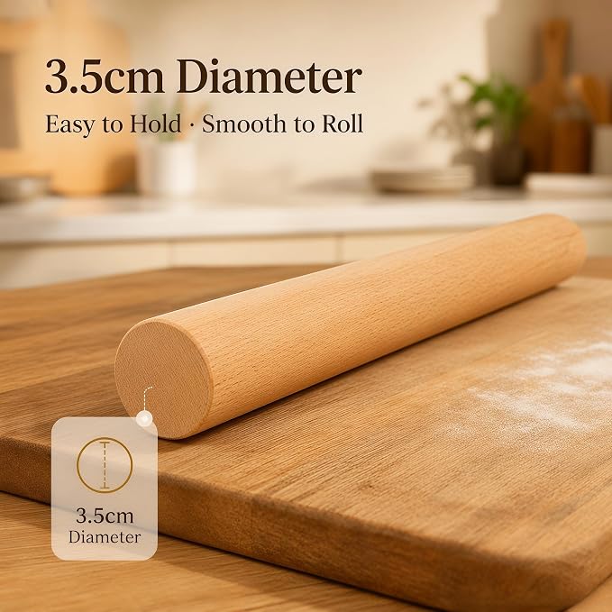 Wood Rolling Pin 16.9 Inch, Natural Beech Wood Non-Stick Rolling Pin for Baking, Wooden Dough Roller for Pizza, Pastry, Pie Crust, Cookies & Fondant, Essential Kitchen Baking Tool