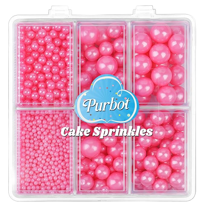 Pink Sprinkles for Cake Decorating, Valentines Sprinkles, 4 Sizes Pearl Edible Sugar 130g/4.6oz, Cupcake, Ice Cream, Donuts, Macaron Toppings Supplies (2mm, 4mm, 7mm, 1cm)