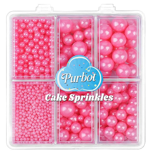Pink Sprinkles for Cake Decorating, Valentines Sprinkles, 4 Sizes Pearl Edible Sugar 130g/4.6oz, Cupcake, Ice Cream, Donuts, Macaron Toppings Supplies (2mm, 4mm, 7mm, 1cm)