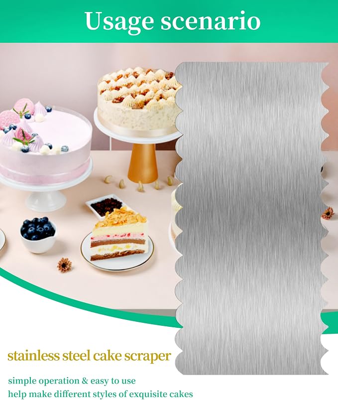 Cake Scraper Smoother Cake Decorating Supplies Kit 8.6 Inch Metal Bench Scraper for Baking Buttercream Smoother Stainless Steel Frosting Cake Comb Edge Side Jagged Comb for Cream Cake-2
