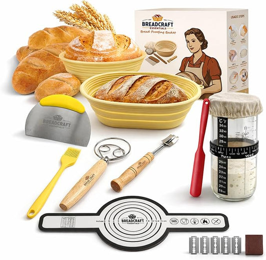 Silicone Sourdough Bread Proofing Basket – 7-Piece Complete Sourdough Starter Kit with 9" Round & 10" Oval Non-Stick Bannetons, Bread Lame, Danish Dough Whisk, Bench Scraper & Silicone Mat