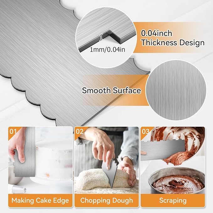 Stainless Steal Cake Scraper, 2 Pcs 8.6 inch Double Sided Patterned Edge Stripe Edge Icing Smoother, Cake Decorating Comb Pastry Cutter for Mousse Butter Cream Decoration