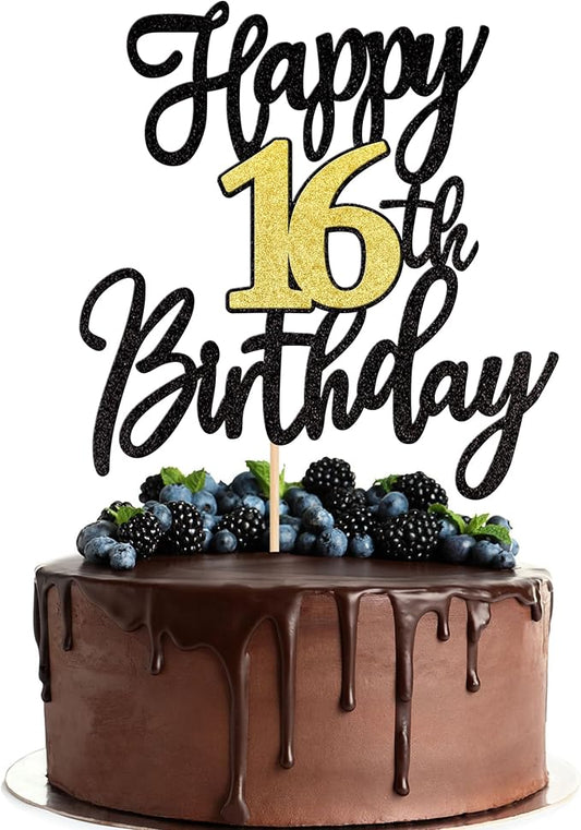 1 PCS Happy 16th Birthday Cake Topper Black Gold Glitter Cheers to 16 Years Birthday Cake Pick 16 Fabulous Cake Decoration for Happy 16th Birthday Anniversary Party Cake Decorations Supplies