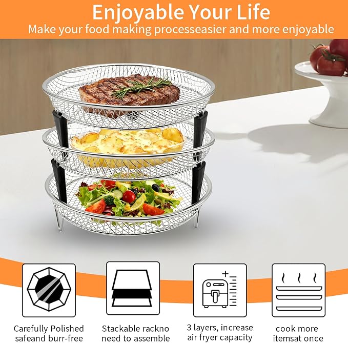 3 Pieces Set Air Fryer Rack Set, 8 Inch Round Food Grade Stainless Steel Stackable Dehydrator Rack Mesh Tray for Air Fryer Oven Fits Inner Size ≥8.6 Inch