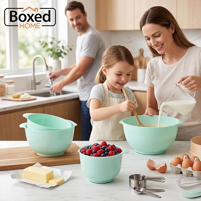 BoxedHome Nesting Plastic Mixing Bowl Set, 4 Piece Mixing Bowl Set with Pour Spouts, Size 1.7, 2.5, 3.5 and 4.5qt, for Prepping, Mixing, Baking, Cooking(2023 New Version, Green)