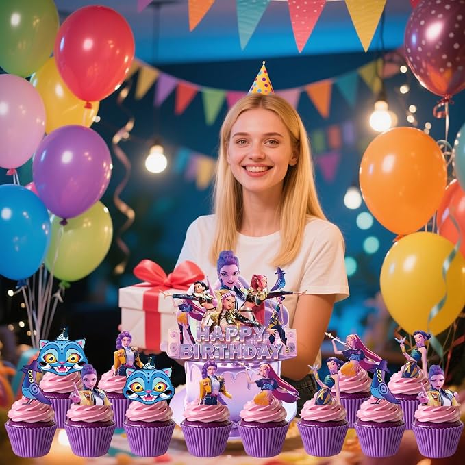 25 Pcs Anime Cake Decorations, Cute Happy Birthday Cake Toppers, You Will Receive 1 Cake Topper and 24 Cupcake Decorations.