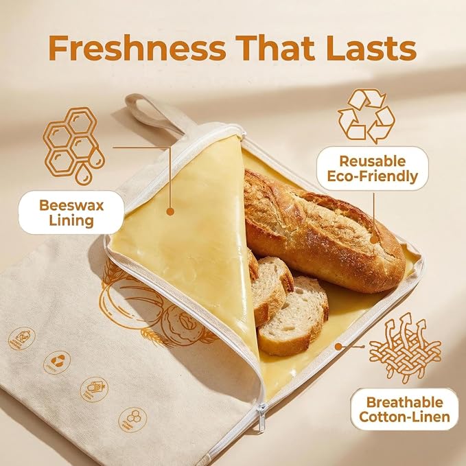 lorine zipper beeswax-lined bread bag, natural beeswax bread bag with a linen blend, suitable for homemade bread and sourdough, safe and reusable