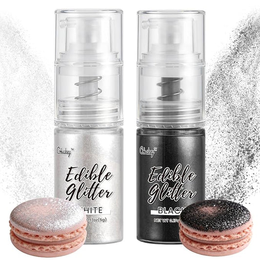 Shimmer White & Black Edible Glitter Spray, Edible Glitter for Cocktails, Cobakey Luster Dust Edible for Cake Decorating, Drinks, Baking, Chocolate, Strawberrie 5g/2 Bottles