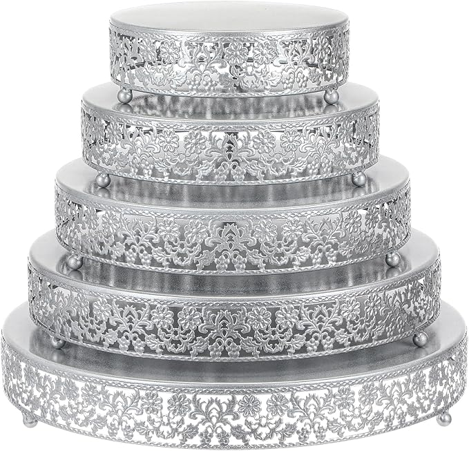 Wenqik 5 Pcs Metal Silver Cake Stand 16/14/12/10/8 Inch Round Cake Holder Display for Dessert Table Cookies Fruit Serving Tray Cupcake Pastry Riser for Wedding Birthday Party and Events