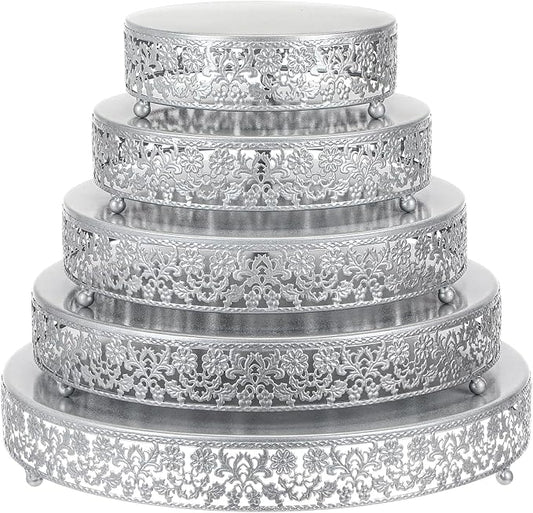 Wenqik 5 Pcs Metal Silver Cake Stand 16/14/12/10/8 Inch Round Cake Holder Display for Dessert Table Cookies Fruit Serving Tray Cupcake Pastry Riser for Wedding Birthday Party and Events